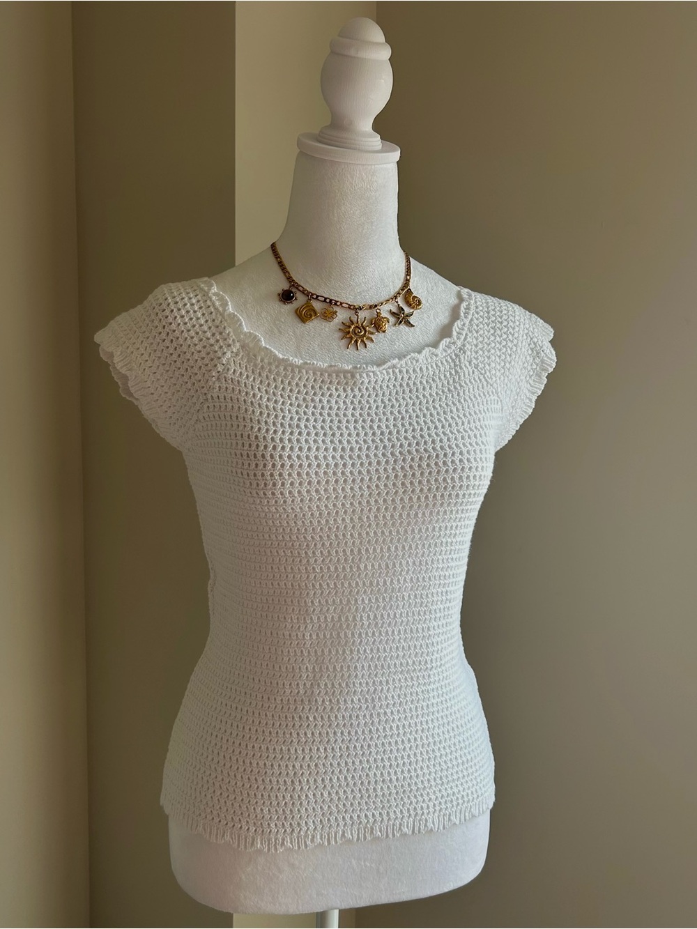 1990's White Sheer Crochet Knit Short Sleeve Top